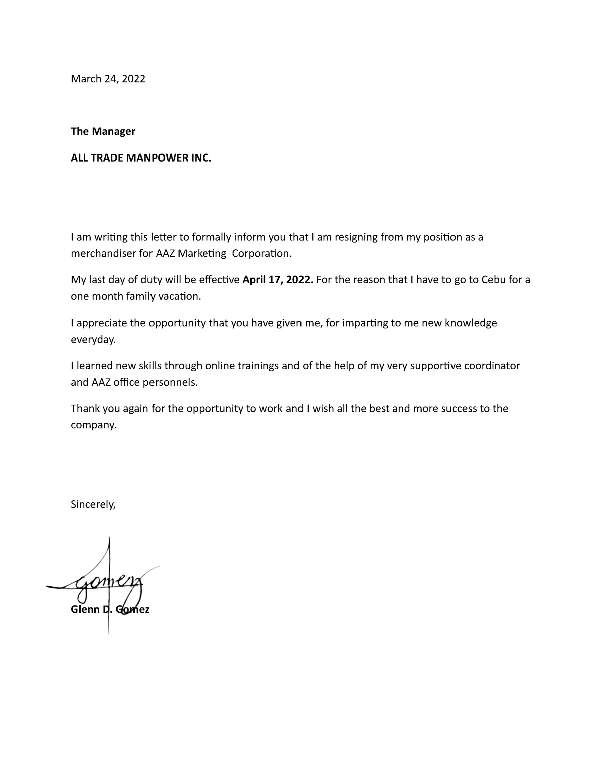 Resignation Letter For Merchandiser