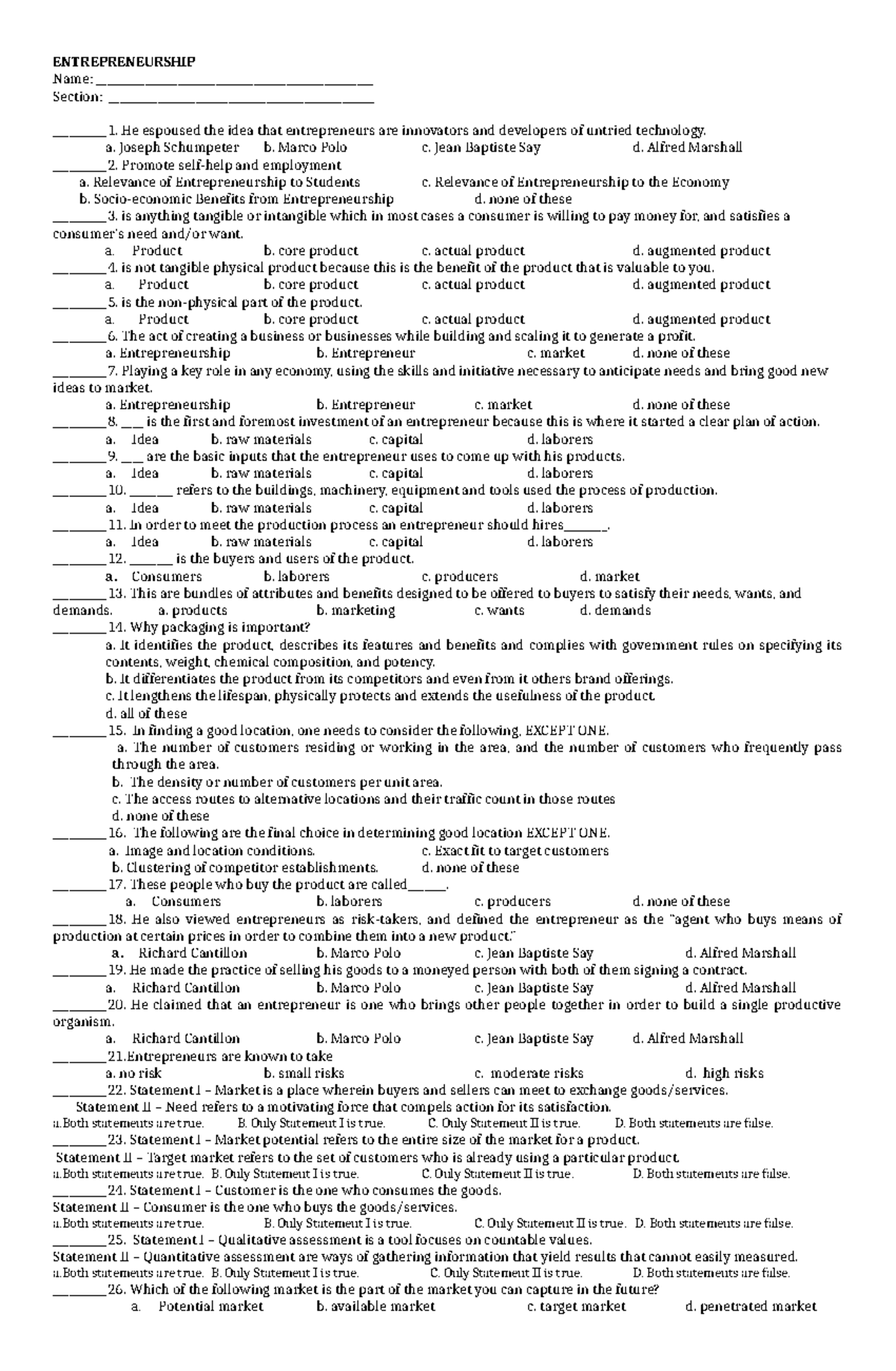 Reviewer- Entrep- Print (Autosaved) - ENTREPRENEURSHIP Name: - Studocu