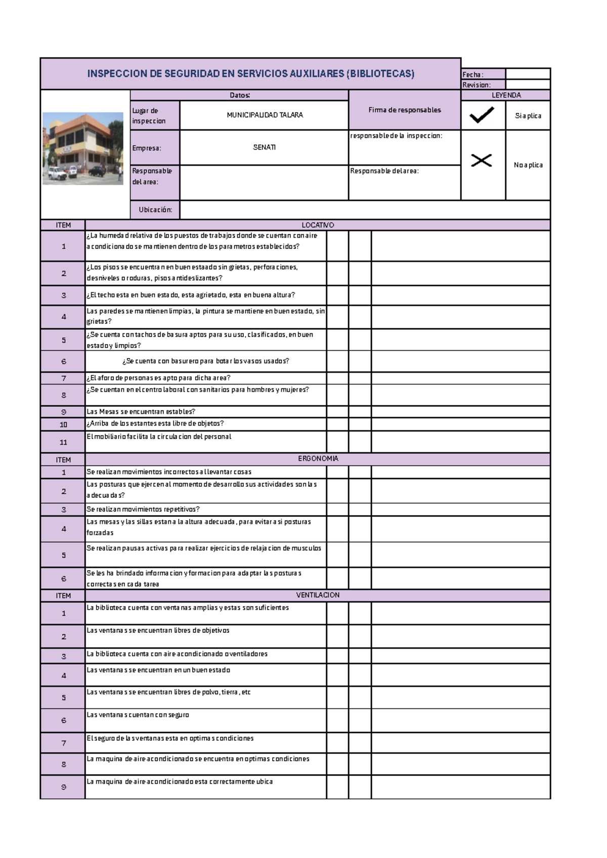 Check list biblioteca - Fecha: Revision: Lugar de inspeccion Si aplica ...