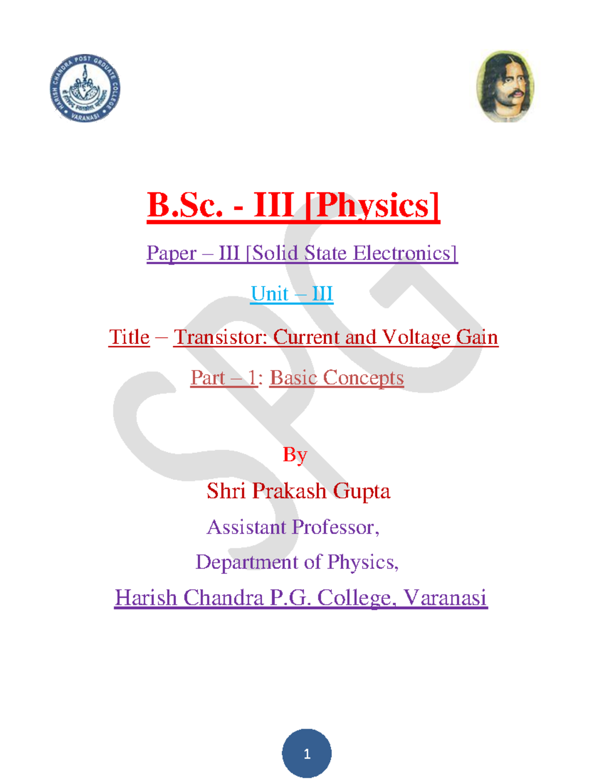 B.Sc .- III [Physics] Papre - III Unit - III - Title - Transistor ...