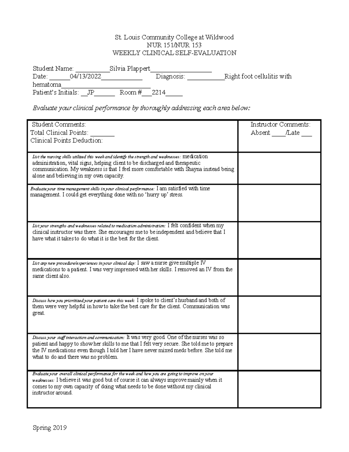 Weekly clinical self eval NUR 151 - St. Louis Community College at ...