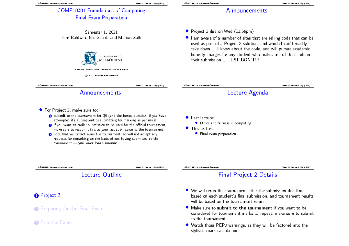 Handout 12a Tutorial Comp10001 Foundations Of Computing Final Exam Handout 12a Tutorial Comp10001 Foundations Of Computing Final Exam