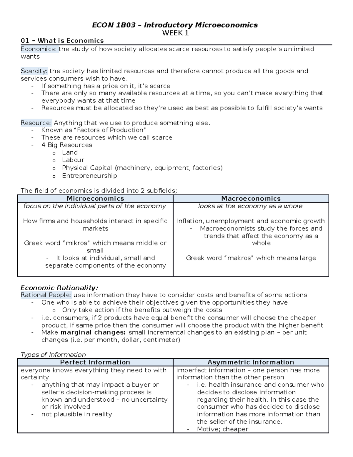 ECON 1B03 Week 1 - First week notes - ECON 1B03 – Introductory ...