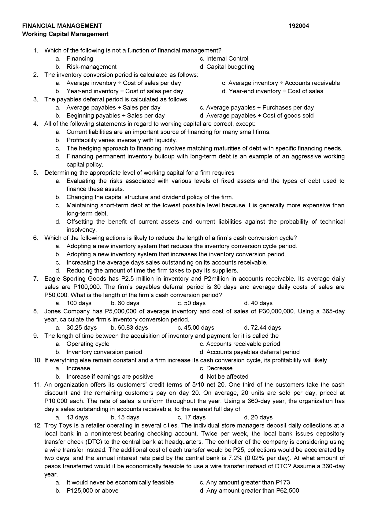 FM- Working Capital Mgmt - FINANCIAL MANAGEMENT 192004 Working Capital ...