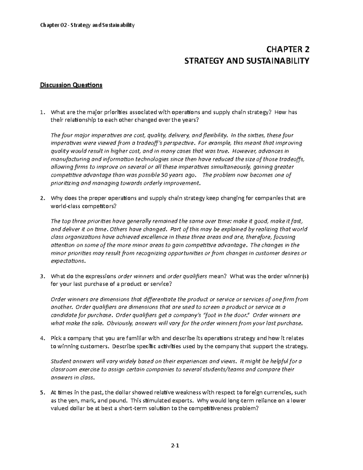 Solution Manual Operation Management Chapter 2 - CHAPTER 2 STRATEGY AND ...