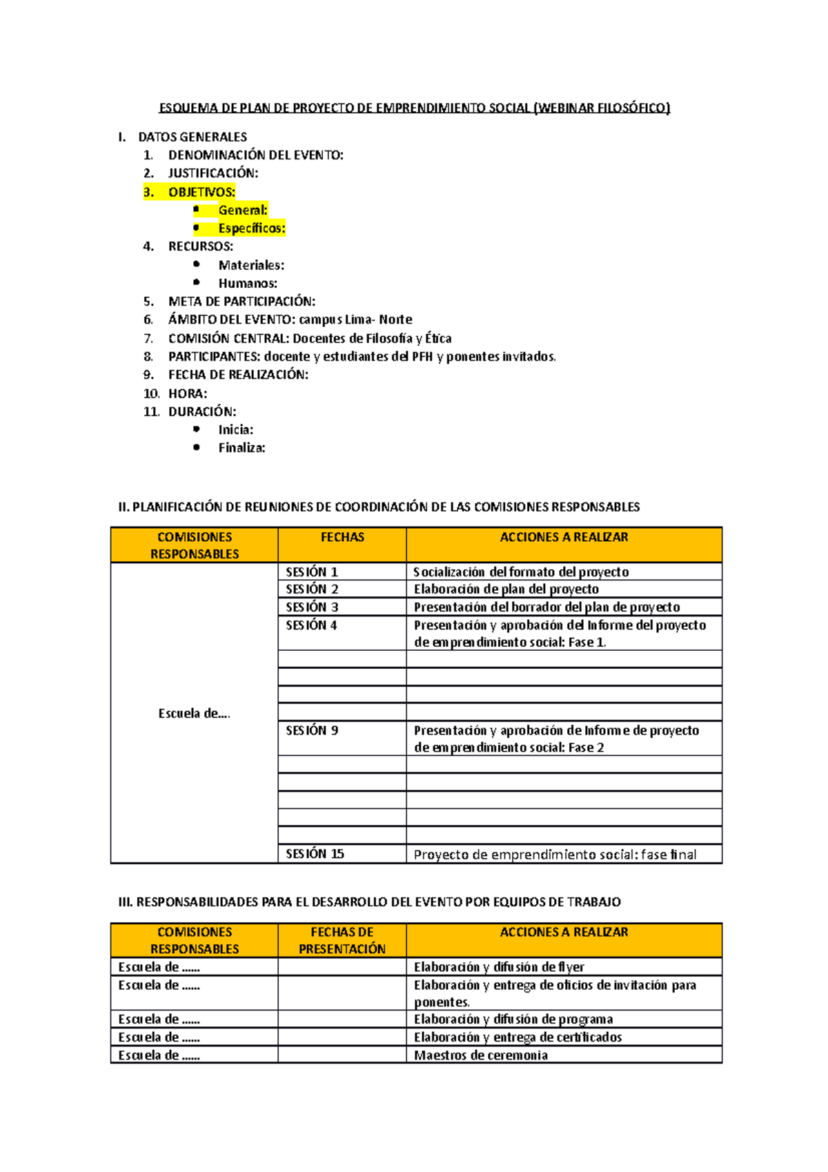 Formato PARA Proyecto DE Emprendimiento Social - ESQUEMA DE PLAN DE ...