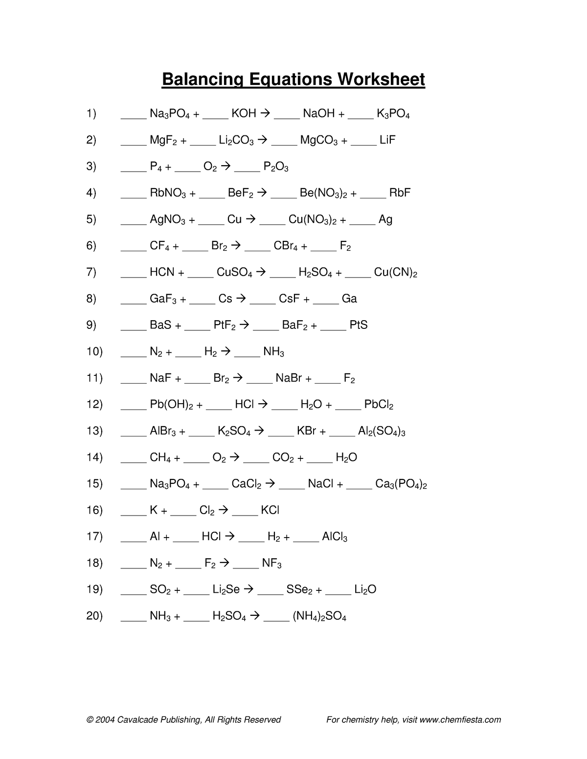 Balancing Equations 13 2004 Cavalcade Publishing All Rights 