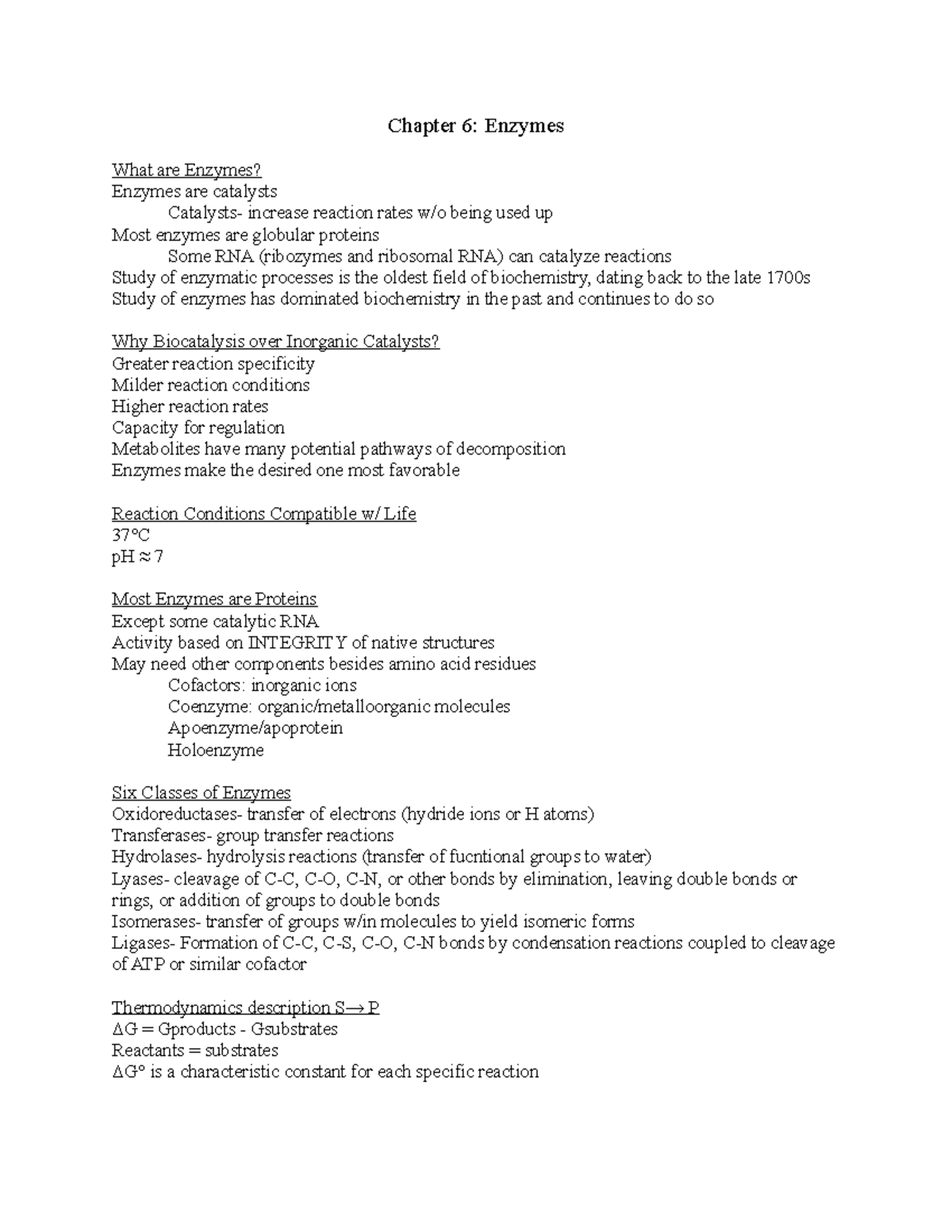 BSC 450 Chapter 6 Lecture notes 6 Chapter 6 Enzymes What are