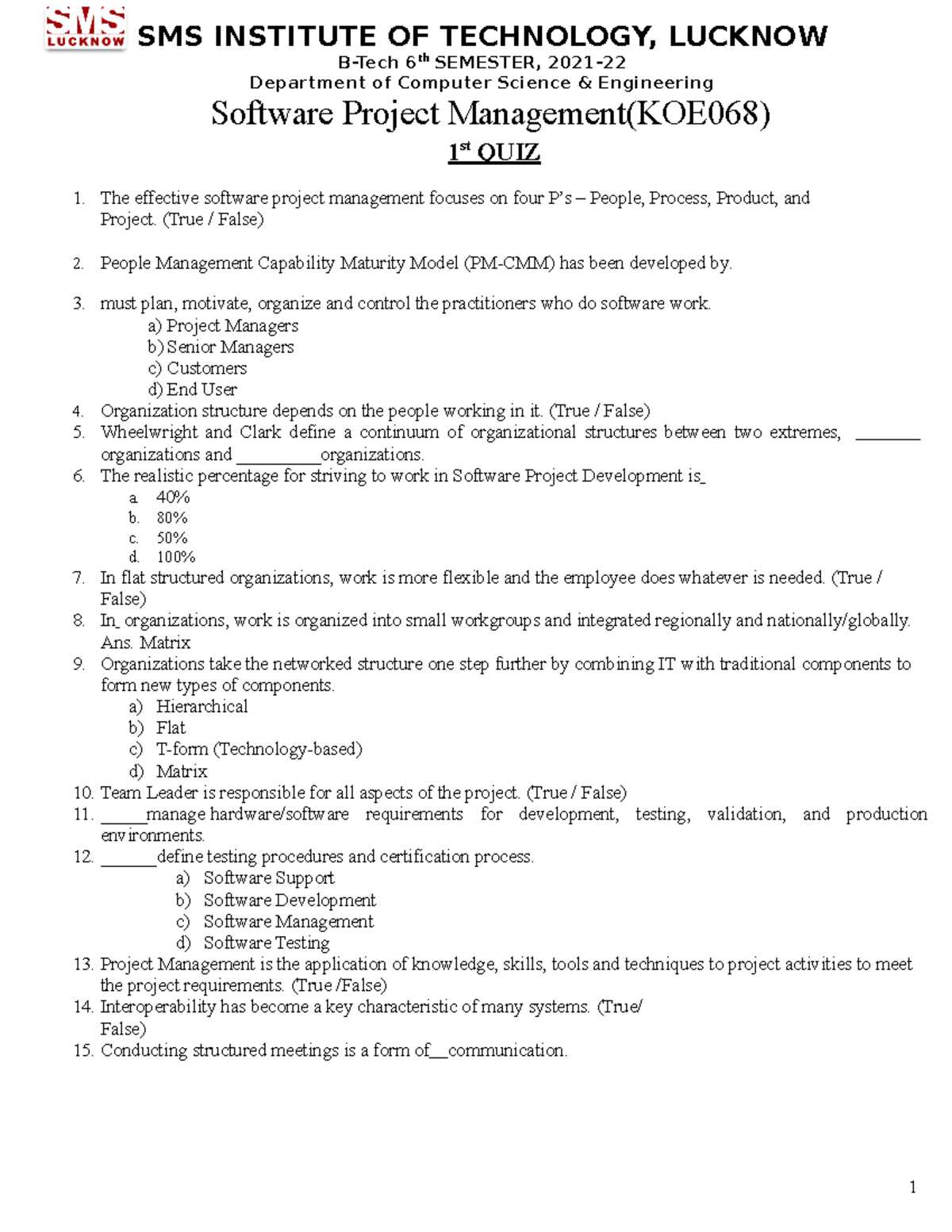 Software Project Management MCQs - B-Tech 6th SEMESTER, 2021 ...