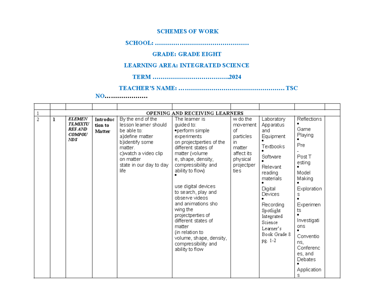 Grade 8 integrated science schemes of work term 1 - SCHEMES OF WORK ...