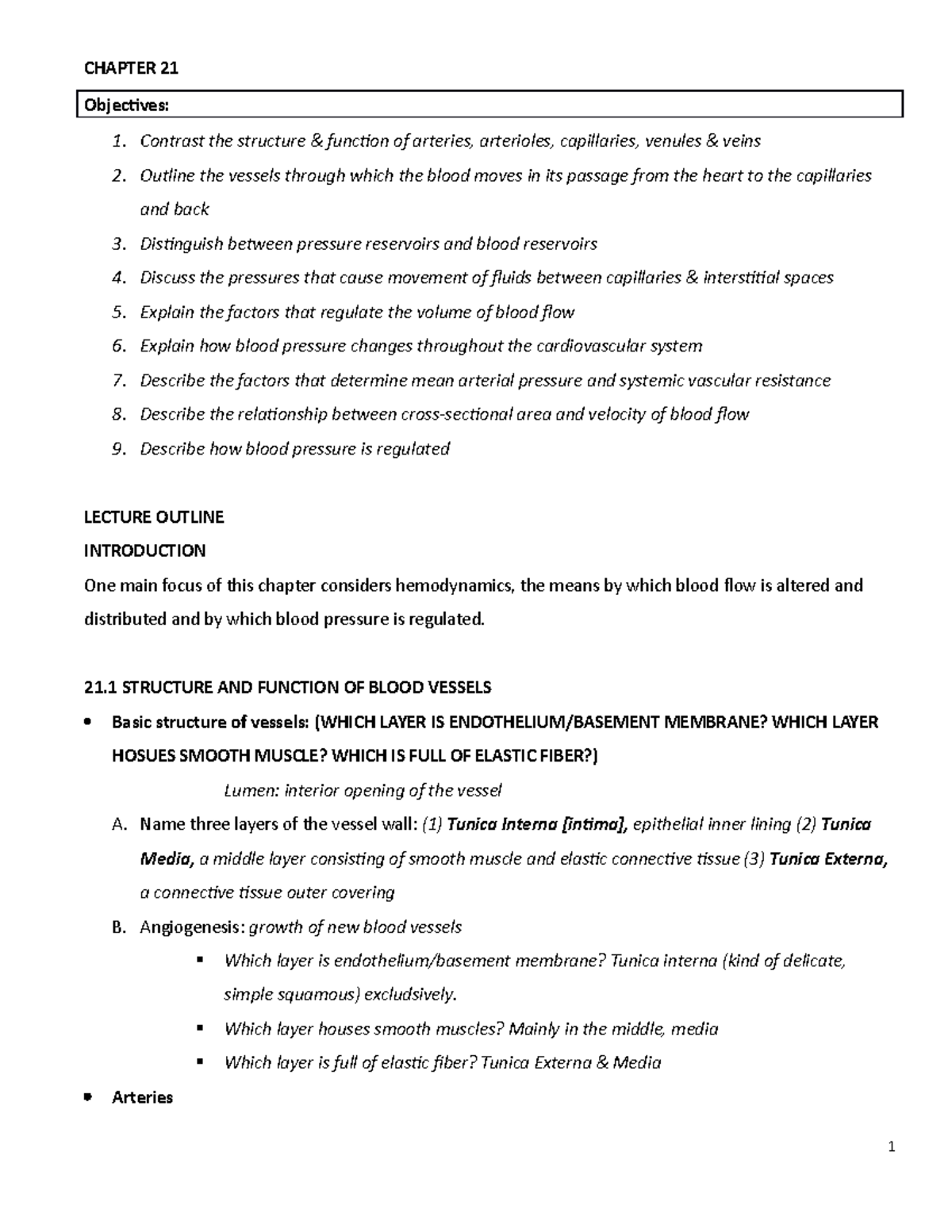Exam 2 ch21 Blood Vessels - CHAPTER 21 Objectives: 1. Contrast the ...