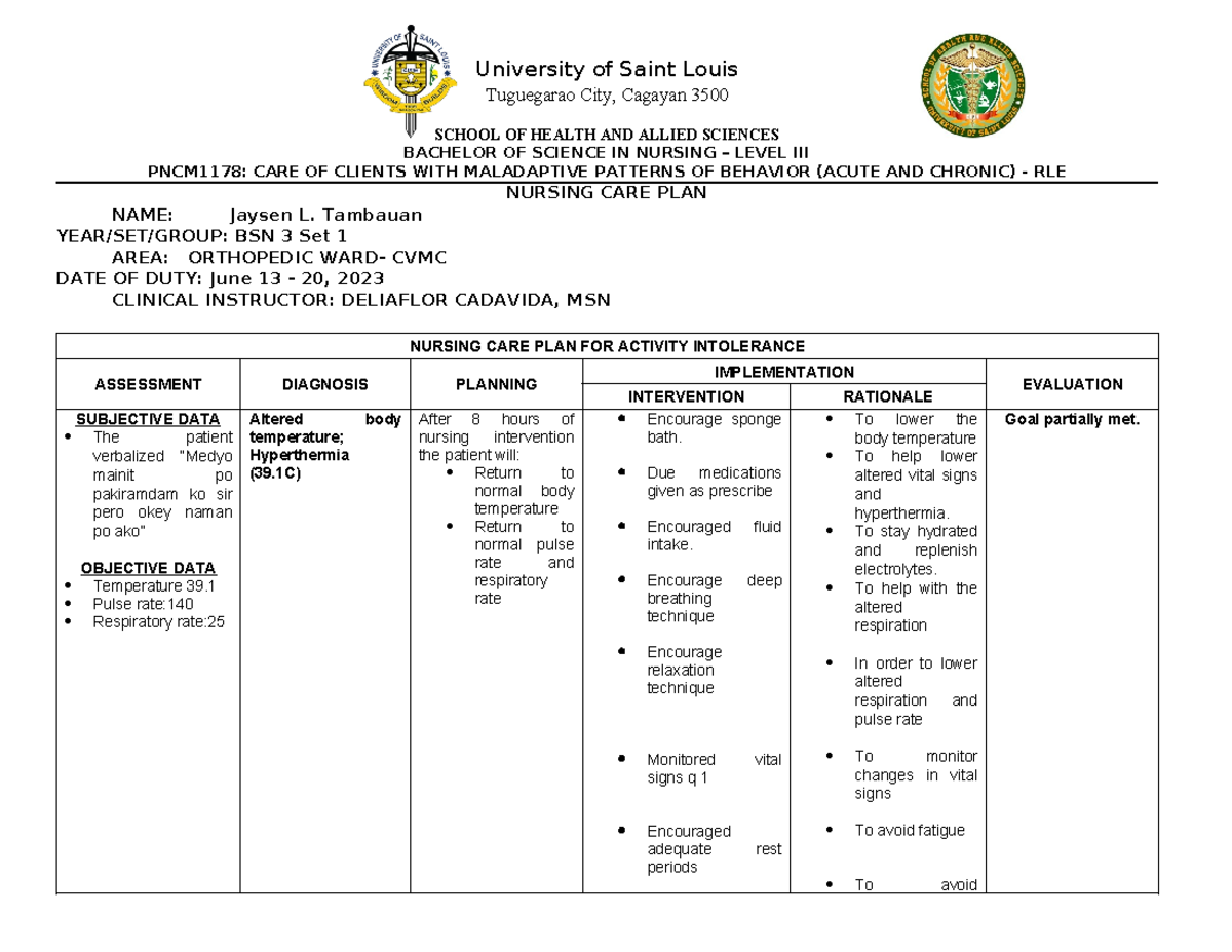 NCP- Format - University of Saint Louis Tuguegarao City, Cagayan 3500 ...