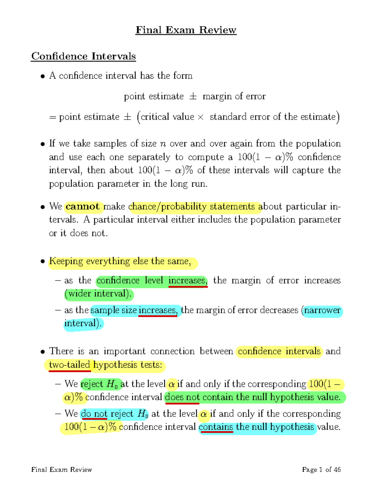 Final Exam Review Good Copy - Final Exam Review Confidence Intervals A ...
