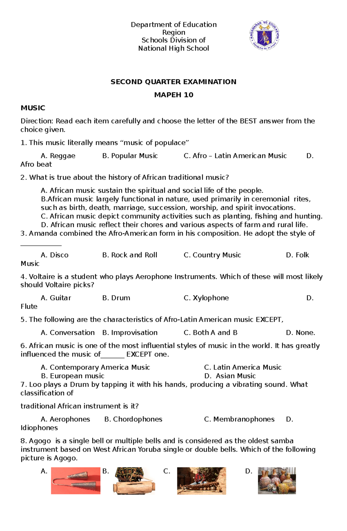 Mapeh-10-Exam - Mapeh-10-Exam - Department Of Education Region Schools ...