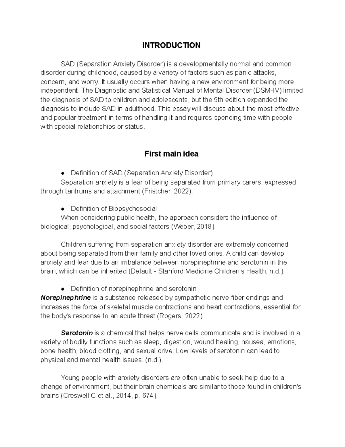 Essay Plan- Separation Anxiety Disorder - INTRODUCTION SAD (Separation ...