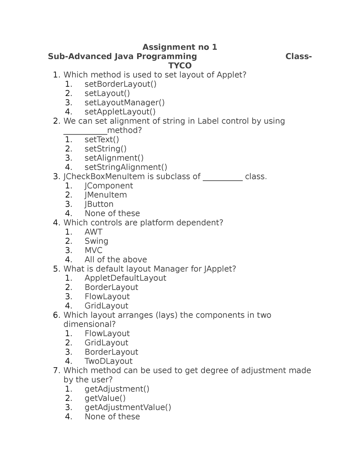 Question Bank AJP - Assignment No 1 Sub-Advanced Java Programming Class ...