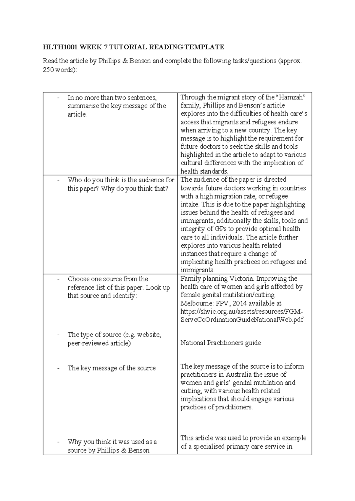 HLTH1001 WEEK 7 Tutorial Reading Template - HLTH1001 WEEK 7 TUTORIAL ...