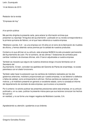 Carta DE Aclaración - León, Guanajuato 14 de febrero de 2015 Redactor de la  revista “Empresas de - Studocu