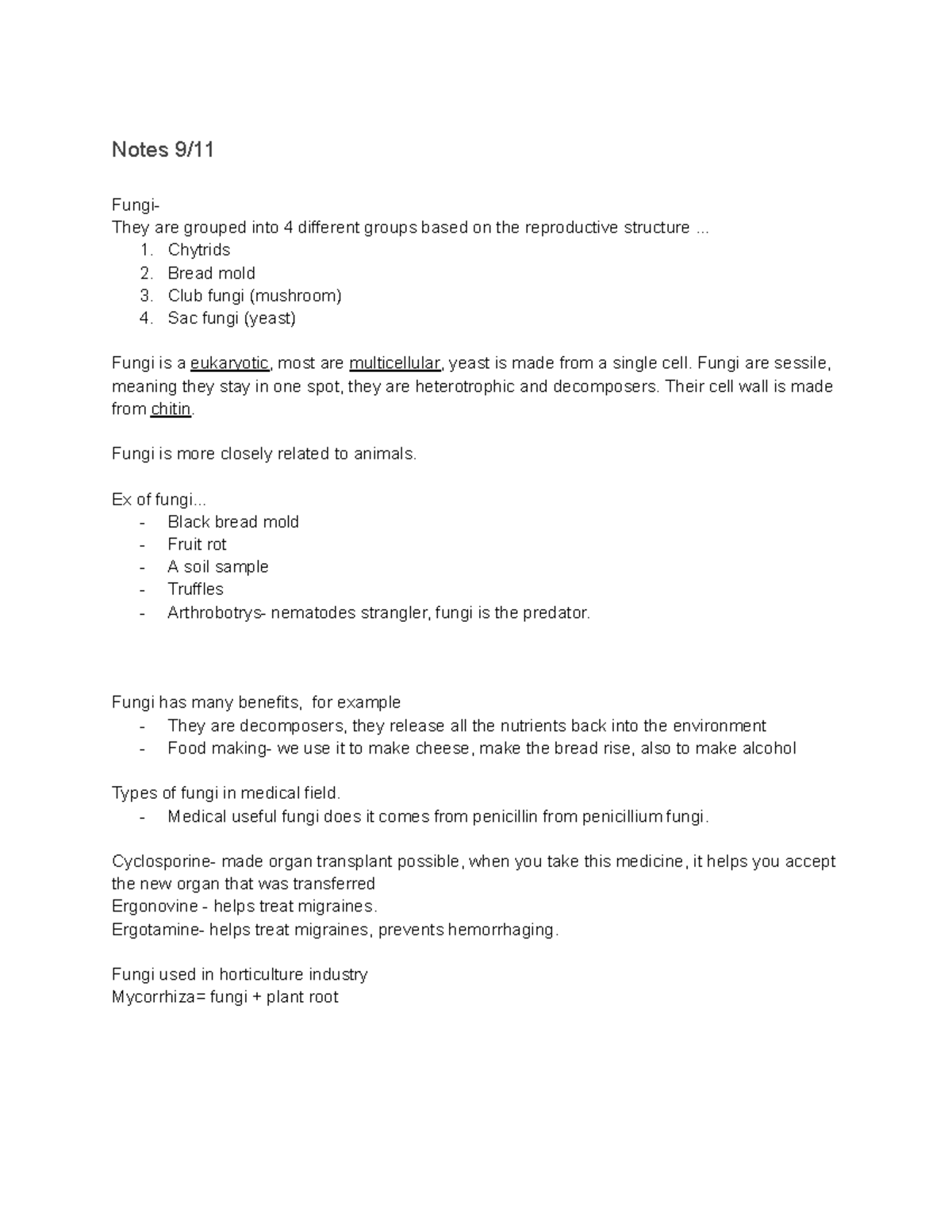 Bio 102 notes- 9 11 - Notes 9/ Fungi- They are grouped into 4 different ...