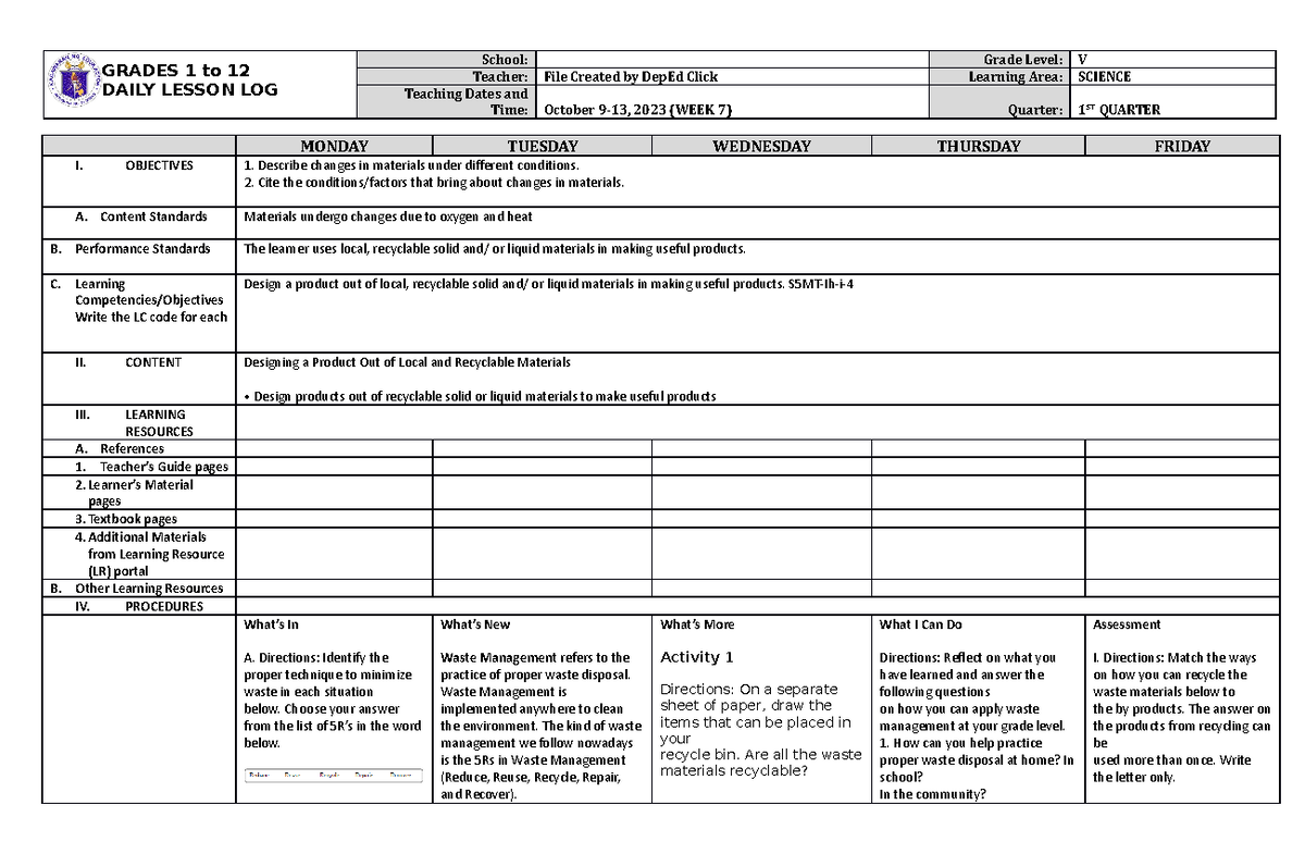 DLL Science 5 Q1 W7 - Its a Lesson Plan - GRADES 1 to 12 DAILY LESSON ...