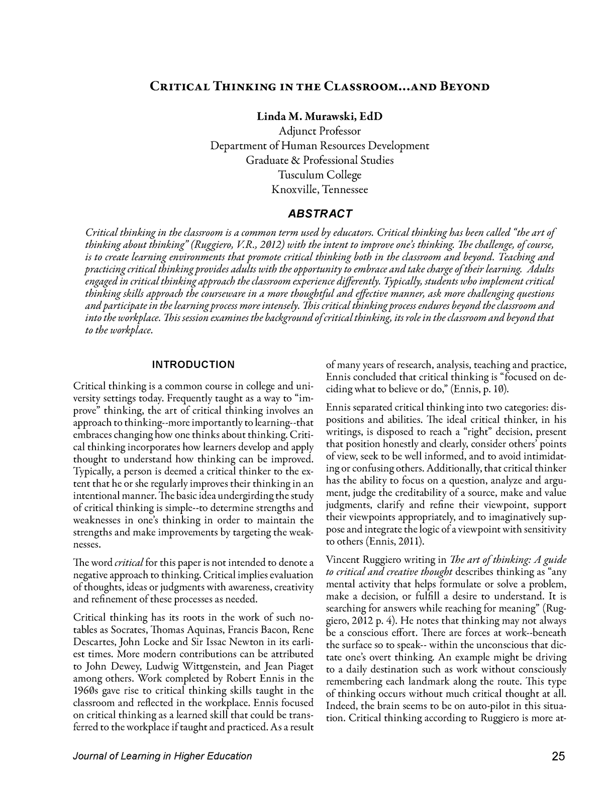 journal articles on critical thinking