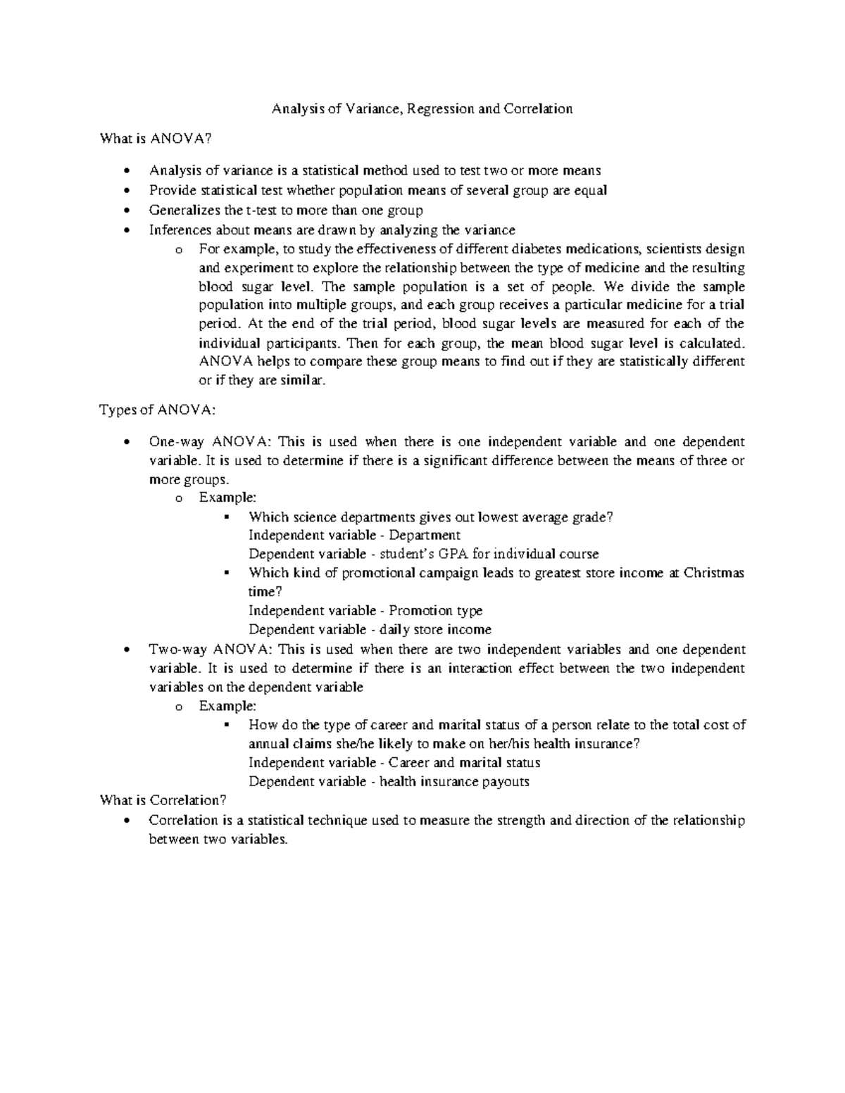 Analysis of Variance Regression and Correlation - The sample population ...