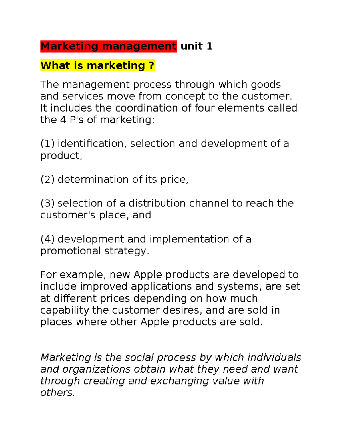 M.M UNIT 1 - Refer these notes - Marketing management unit 1 What is ...