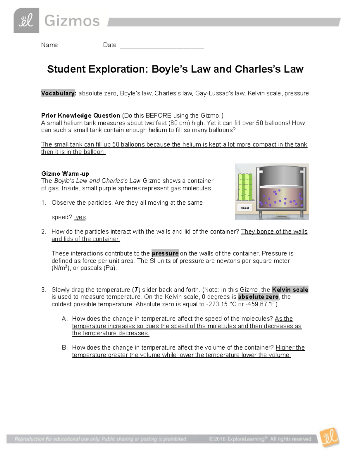 Student Exploration: Boyle’s Law and Charles’s Law - Name: Zainab Zia ...