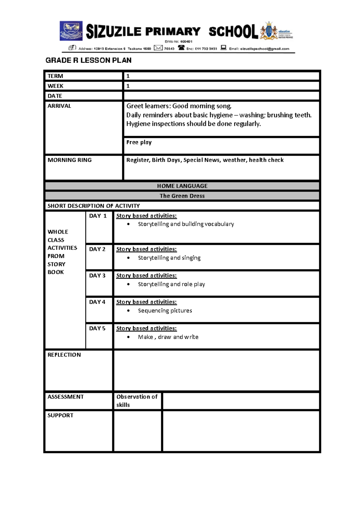 Term 1 lesson plan (Week 1-4) - GRADE R LESSON PLAN TERM 1 WEEK 1 DATE ...