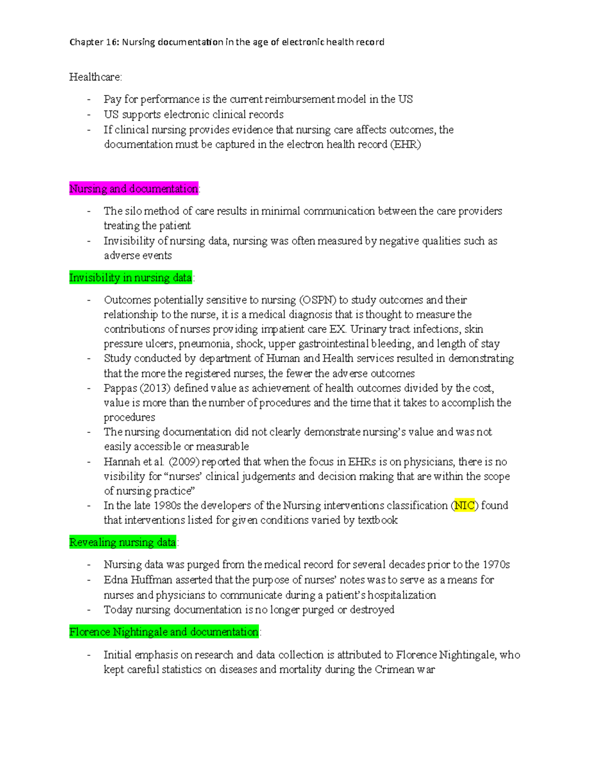 NURS 208 CH 16 Nursing documentation - Healthcare: Pay for performance ...