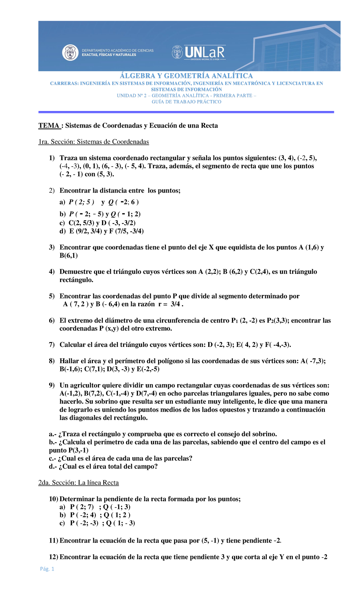 Trabajo Práctico Geometría Analítica 1° Parte - ÁLGEBRA Y GEOMETRÍA ...