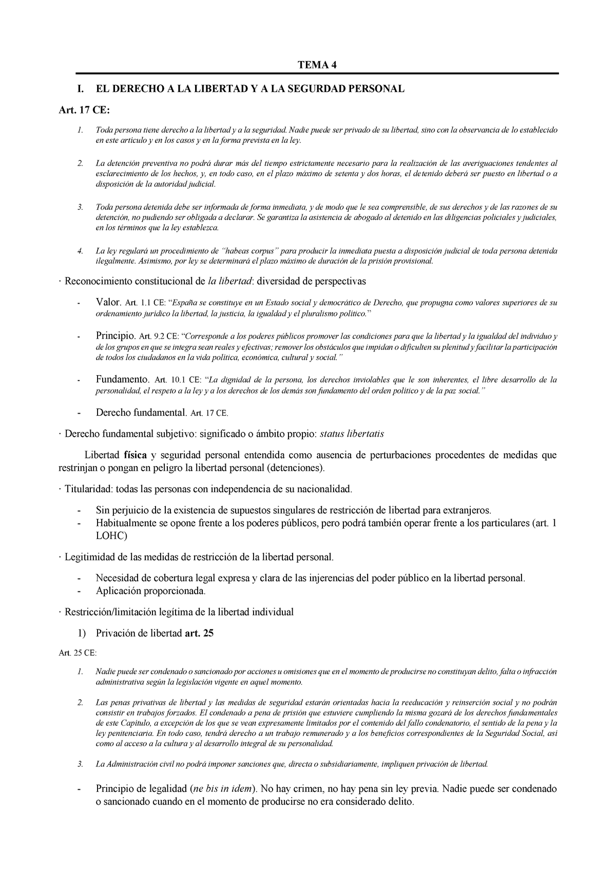 TEMA 4 - TEMA 4 I. EL DERECHO A LA LIBERTAD Y A LA SEGURDAD PERSONAL ...