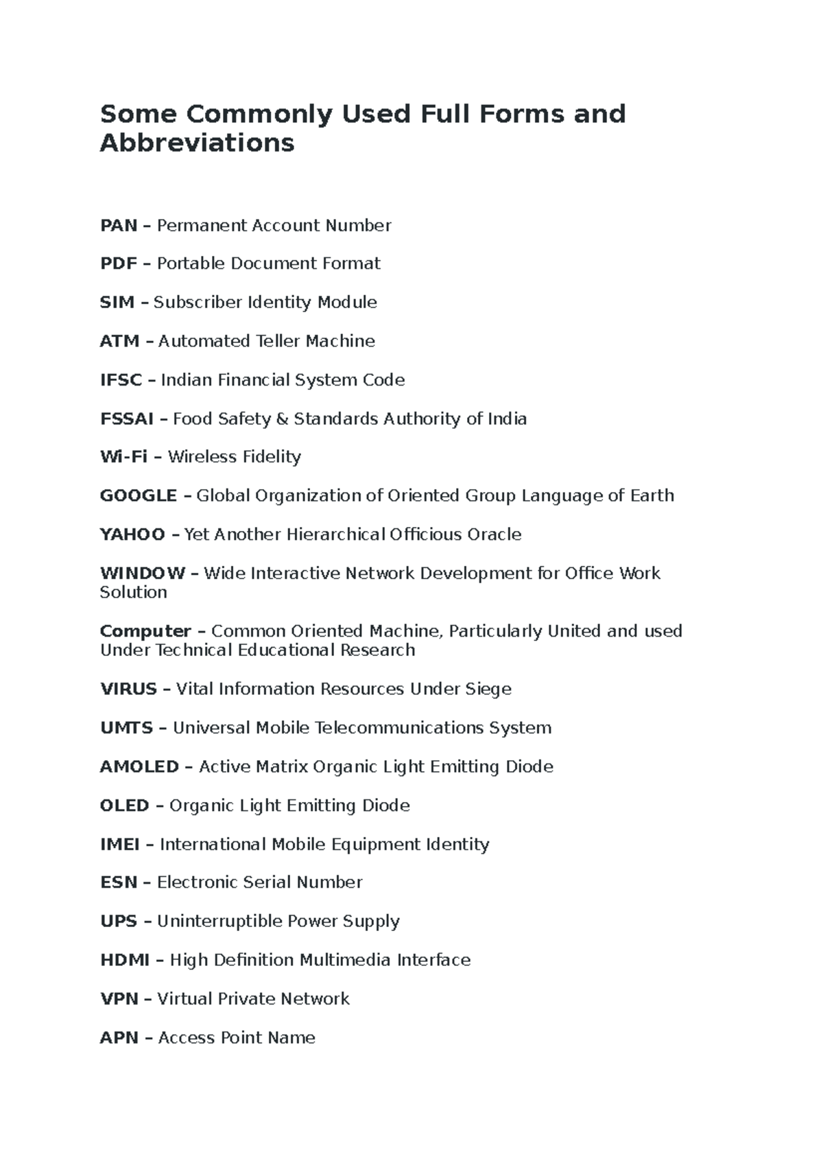 Some Commonly Used Full Forms And Abbreviations Studocu