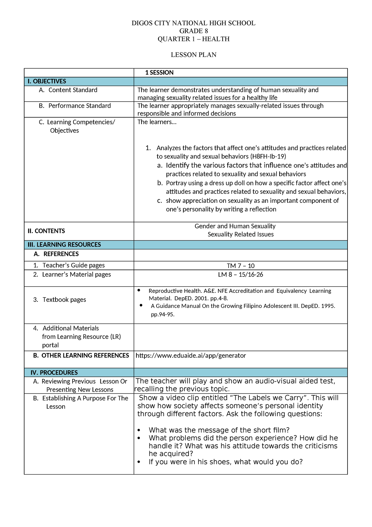 Cot 1 Q1 - Health 8 Lesson Plan - DIGOS CITY NATIONAL HIGH SCHOOL GRADE ...