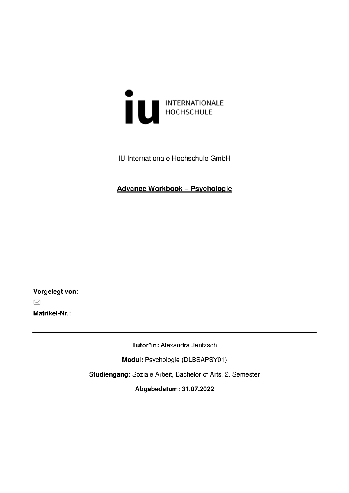 Workbook Psychologie - IU Internationale Hochschule GmbH Advance ...