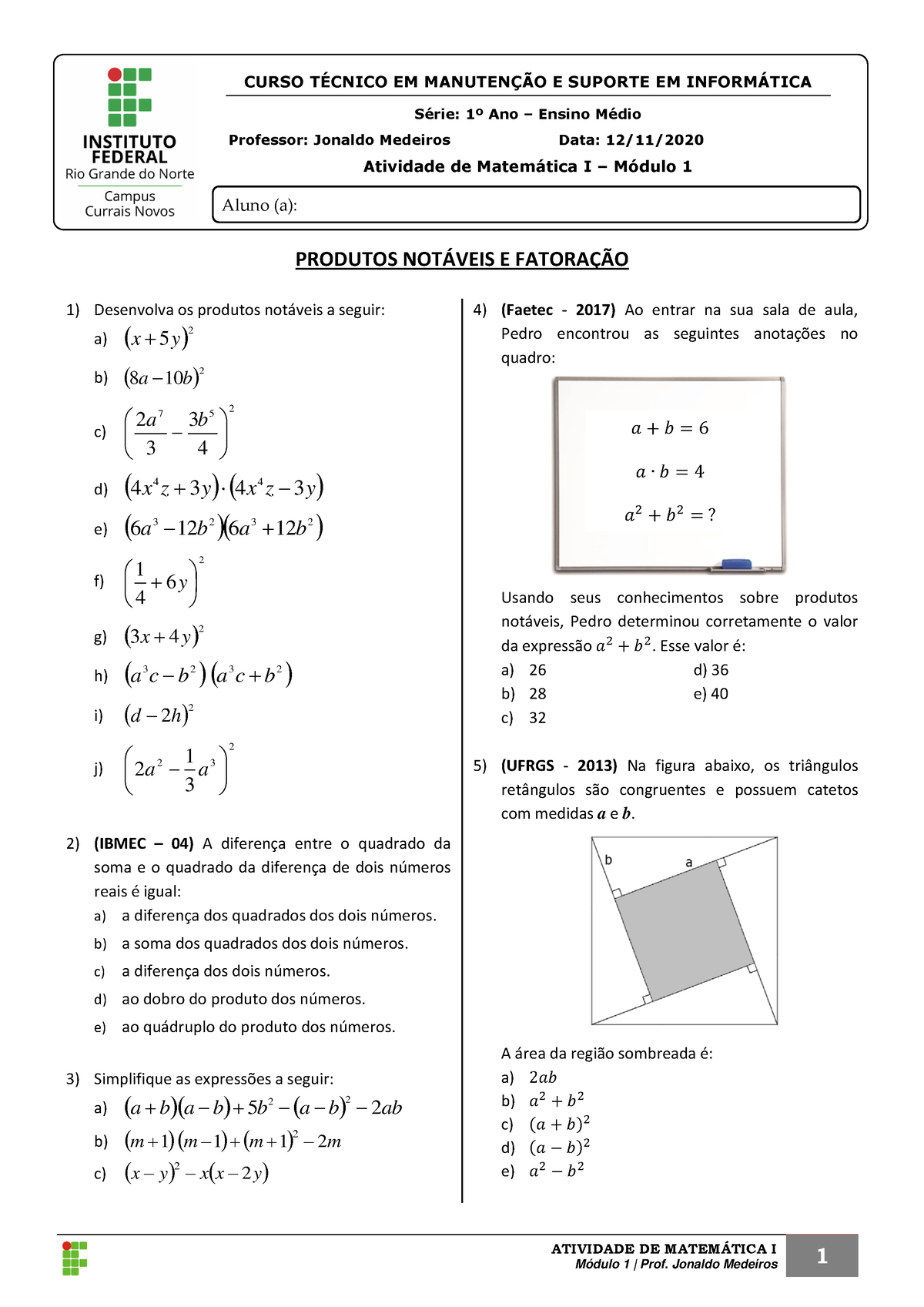 3a Lista - Produtos Notaveis E Fatoracao - ATIVIDADE DE MATEM¡TICA I ...