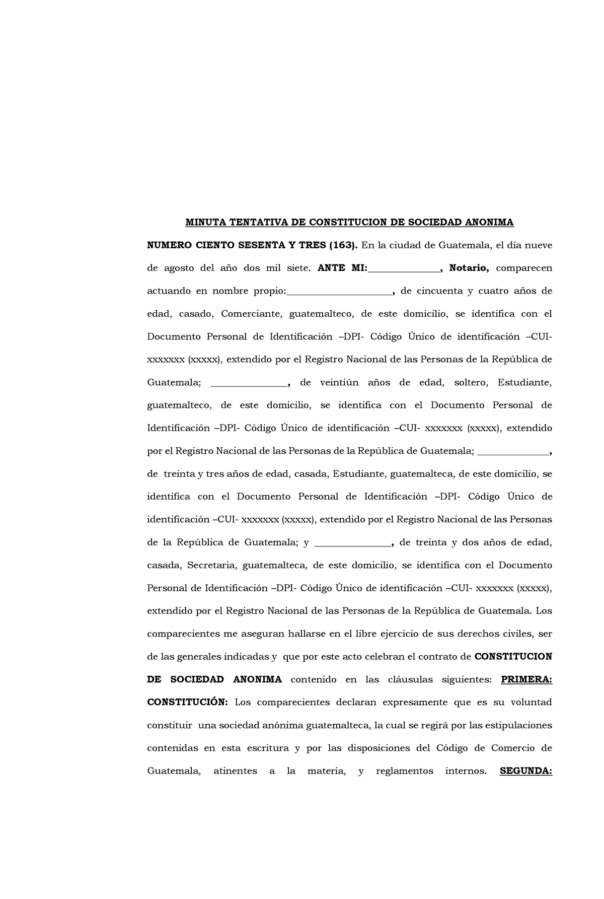 Minuta De Constitucion De Sociedad Anonima Minuta Tentativa De Constitucion De Sociedad 6906