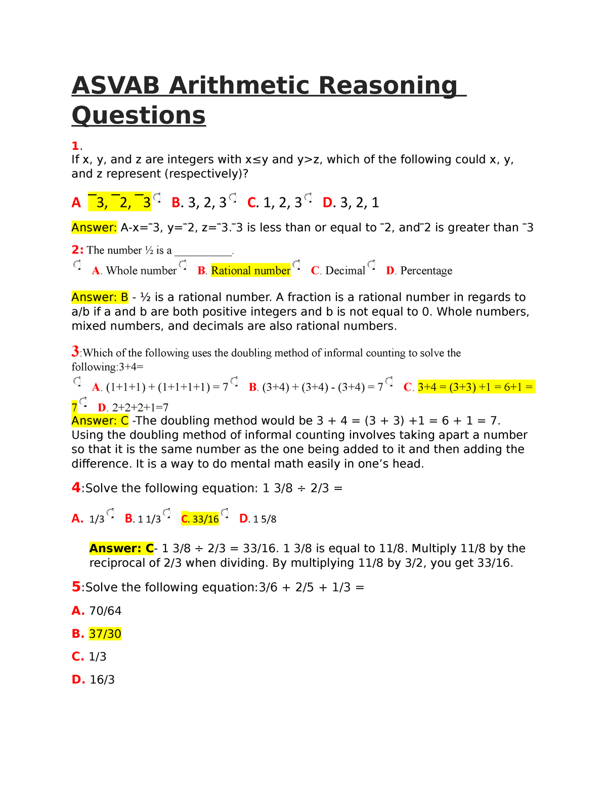 Asvab Arithmetic Reasoning Questions ASVAB Arithmetic Reasoning