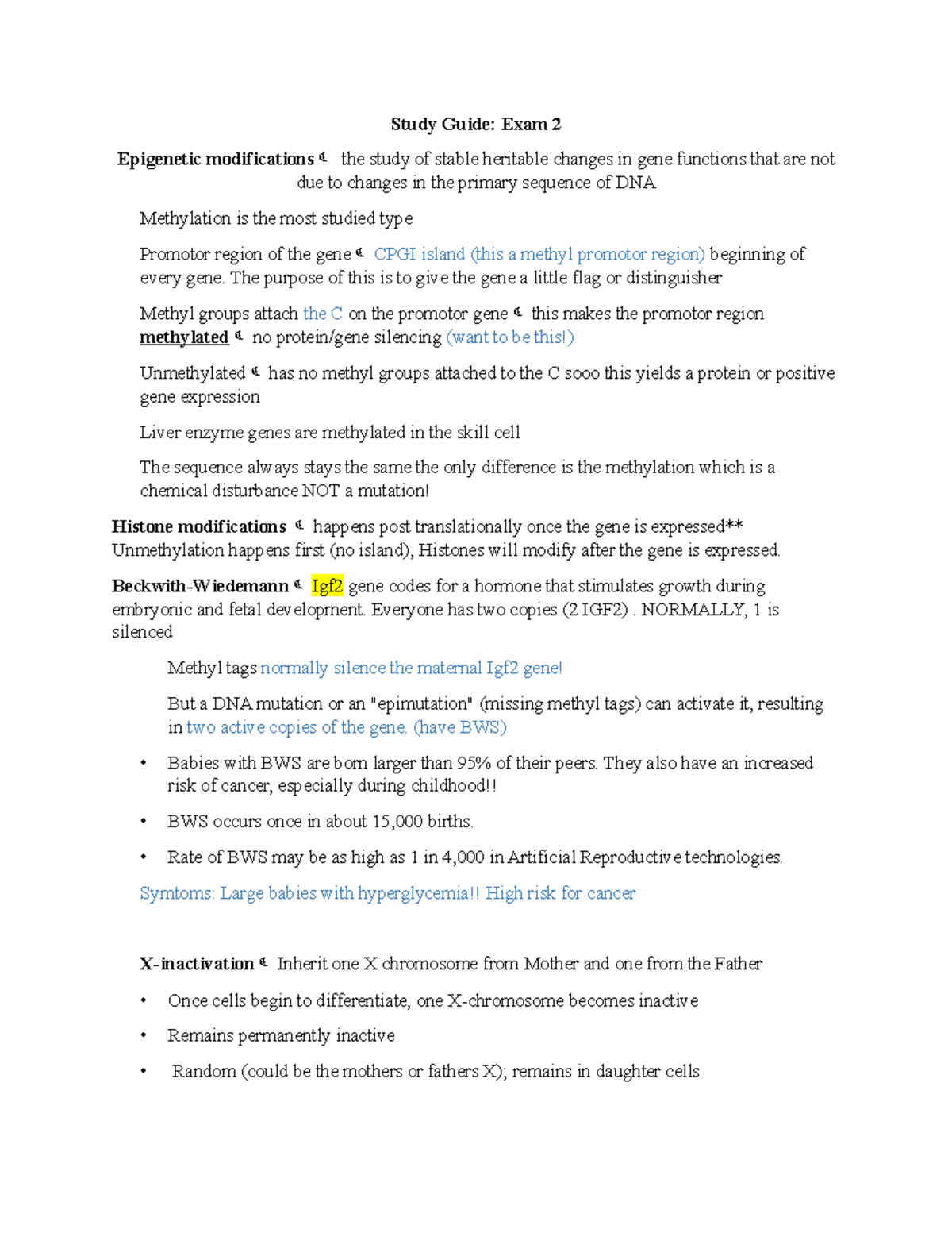 Exam2 Study Guide - Study Guide: Exam 2 Epigenetic modifications the ...