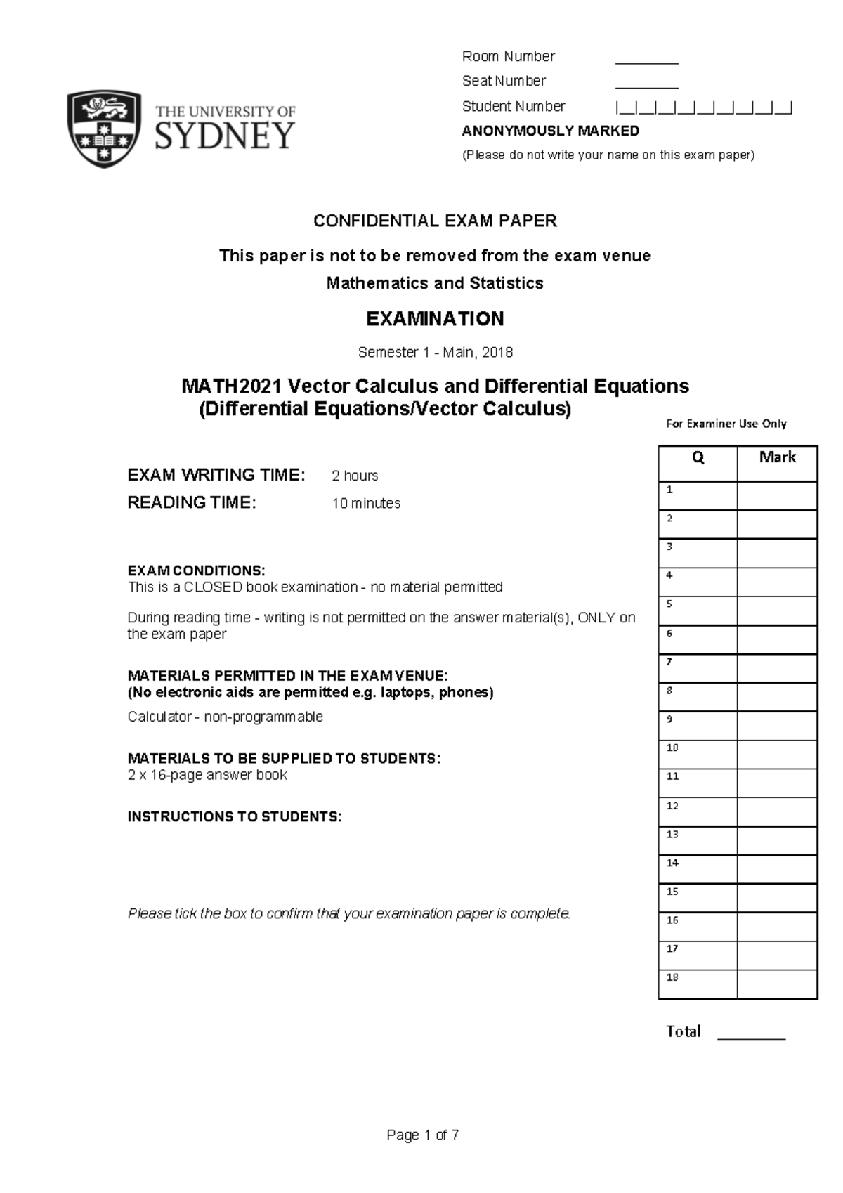 MATH2021 exam from 2018 - Page 1 of 7 CONFIDENTIAL EXAM PAPER This ...