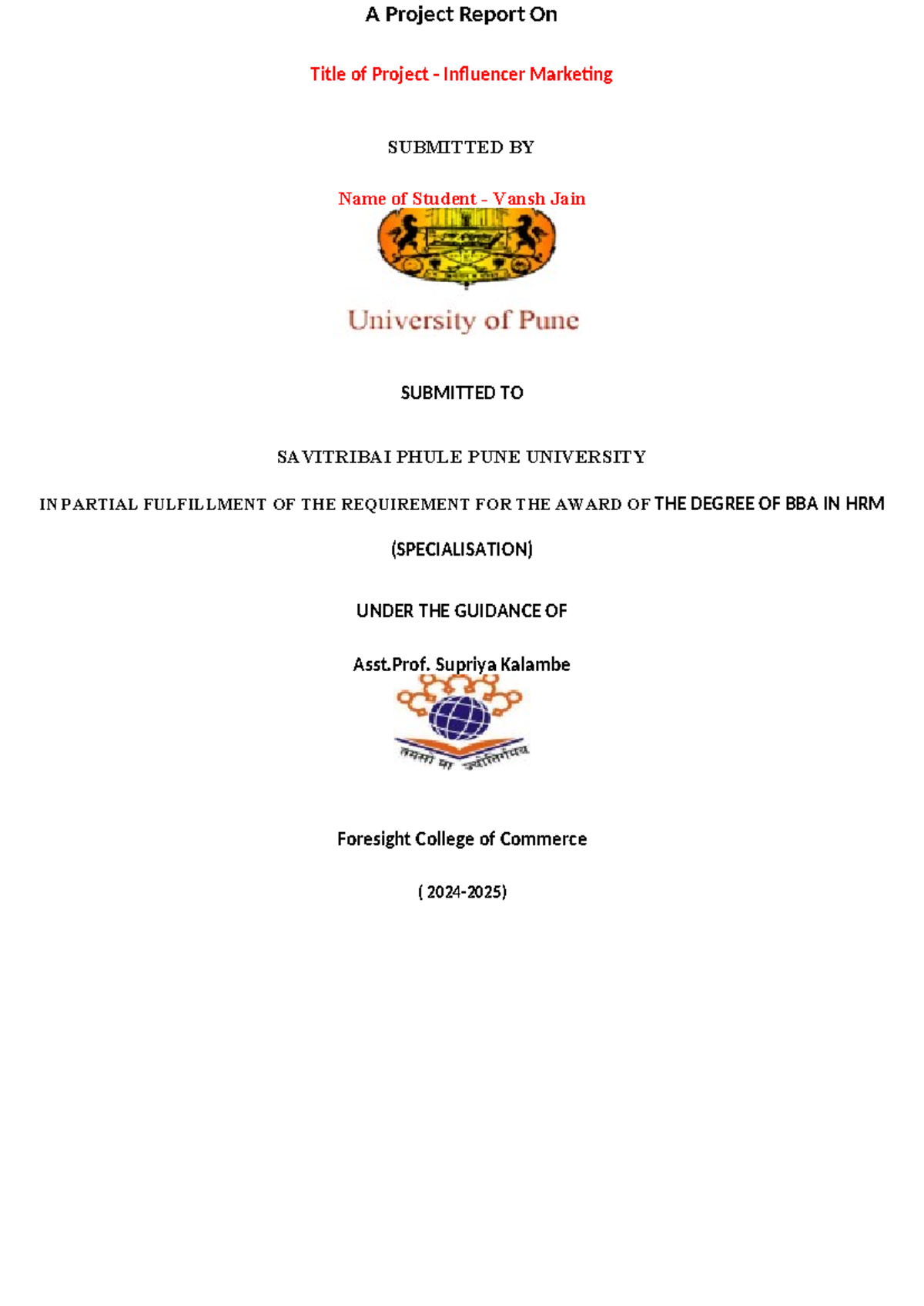 Vansh project - A Project Report On Title of Project - Influencer ...