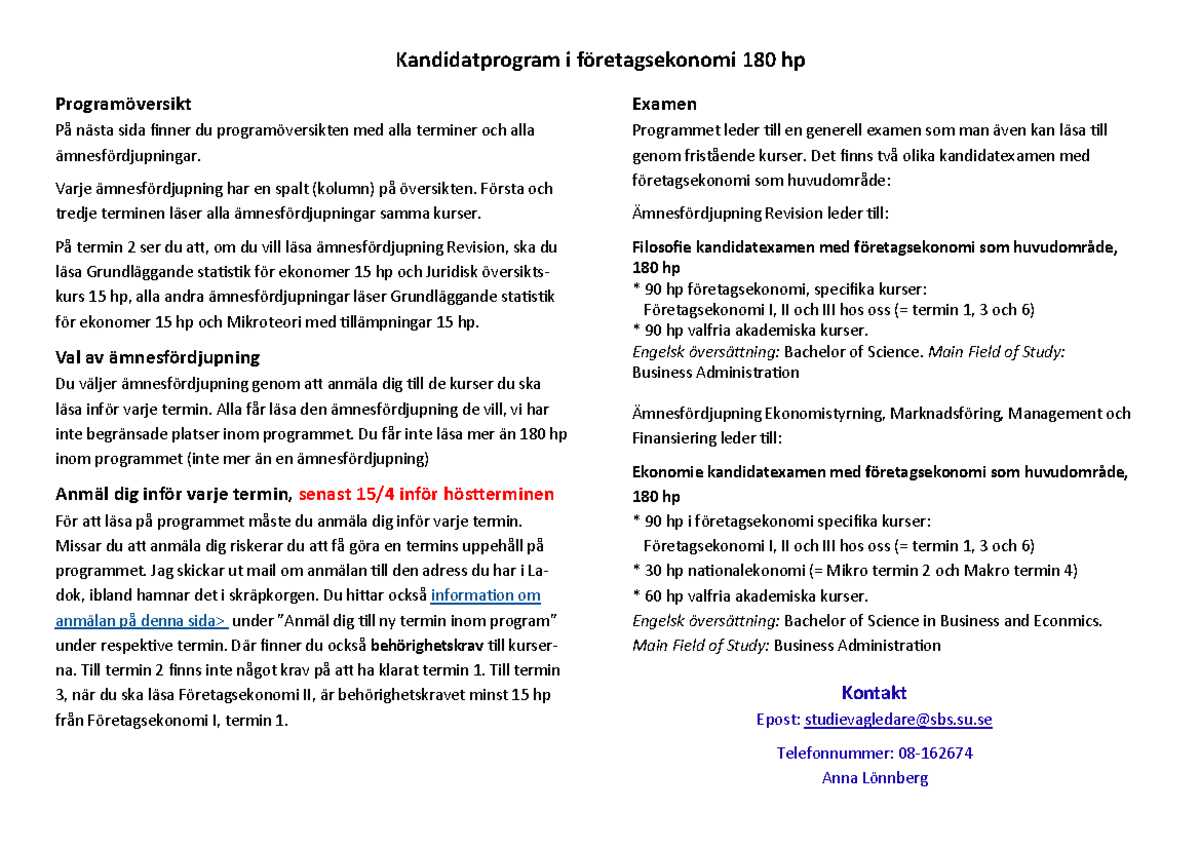 Information T1 Kandidatprogram I Företagsekonomi - Examen Programmet ...