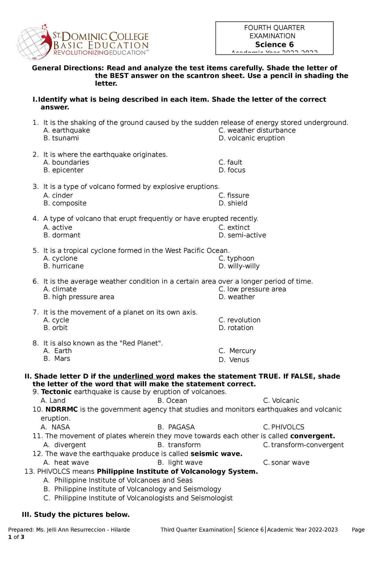 4th Quarter Exam Science 6 AY 20222023 General Directions Read and