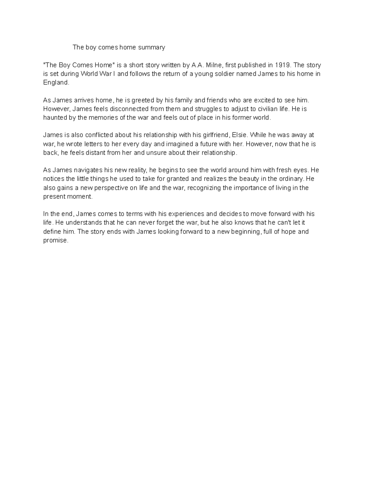 The boy comes home summary The boy comes home summary "The Boy Comes