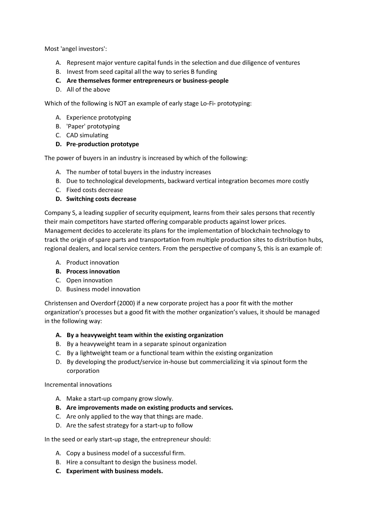 Sample exam questions 1ZEUB0 2019 - Most 'angel investors': A ...