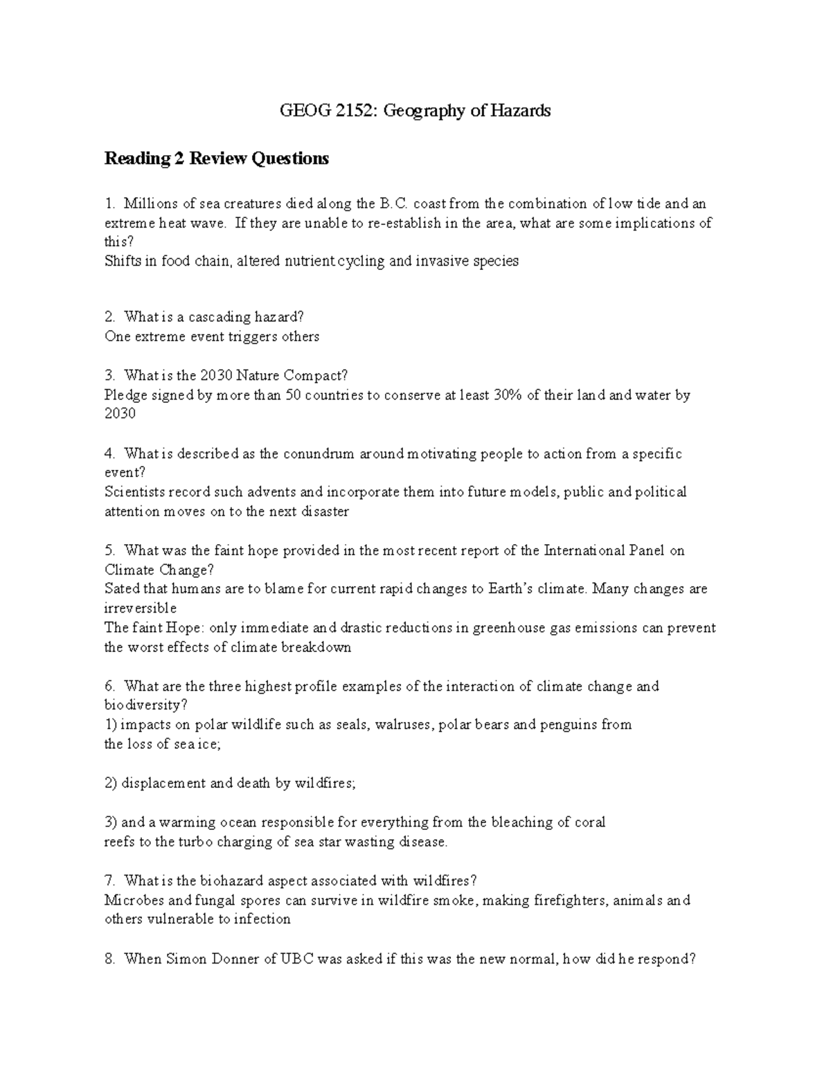 Reading 2 Questions - GEOG 2152: Geography of Hazards Reading 2 Review ...