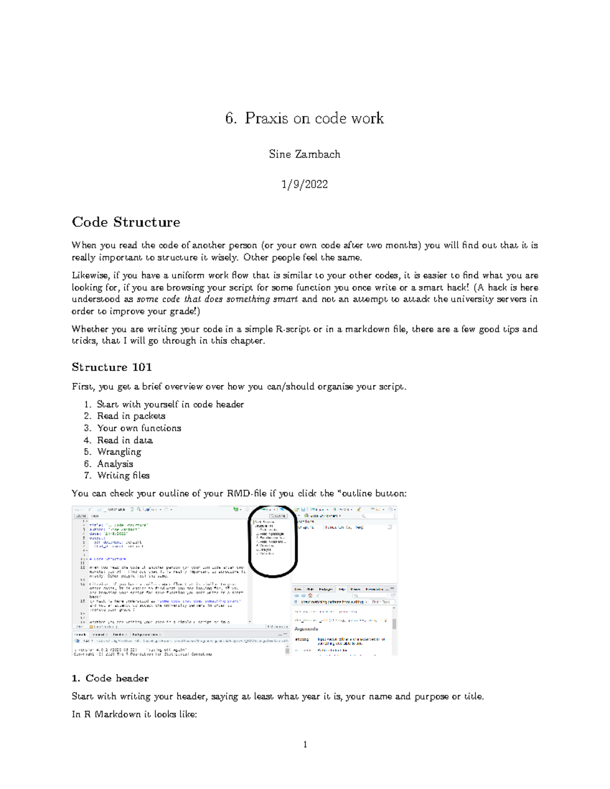 6. Code Structure in R pdf - 6. Praxis on code work Sine Zambach 1/9 ...
