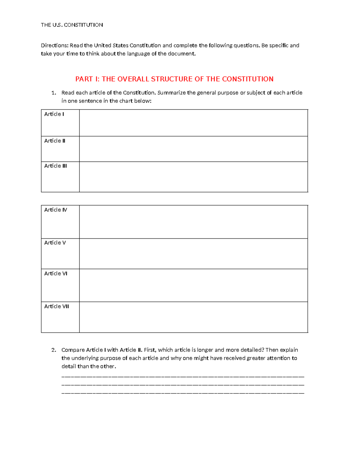 Constitution packet - Directions: Read the United States Constitution ...