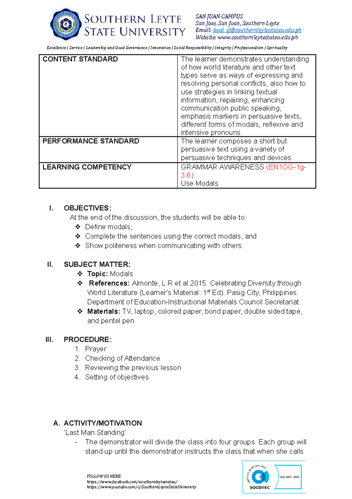 Lesson-PLAN - LESSON PLAN FOR MODALS - CONTENT STANDARD The learner ...