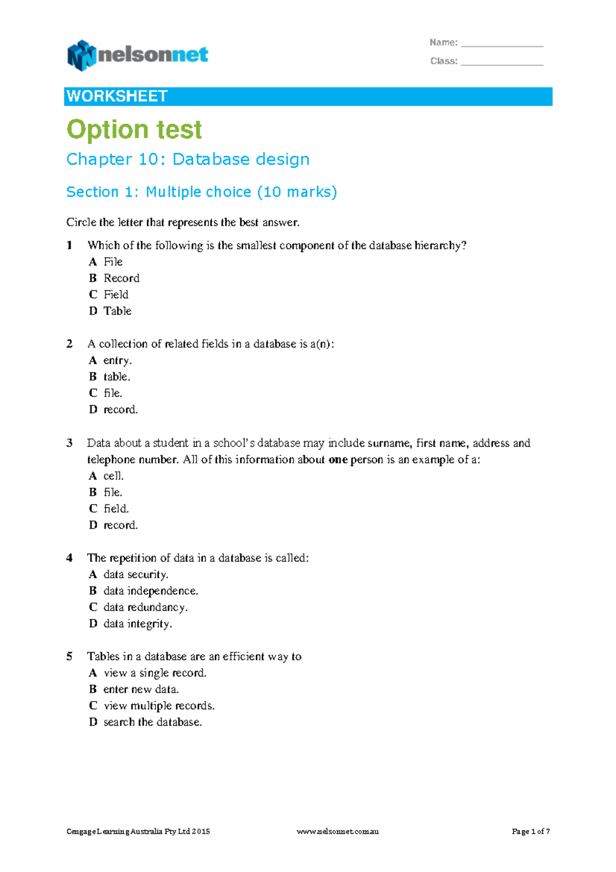 Infor 09TT00129 - xxxxxxx - Class: ________________ WORKSHEET Option ...
